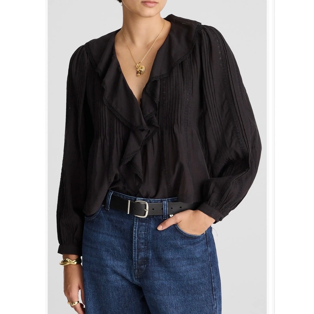 Madewell Women Ruffle Trim Pintuck Long Sleeve Blouse Size XL Black Cottage Goth